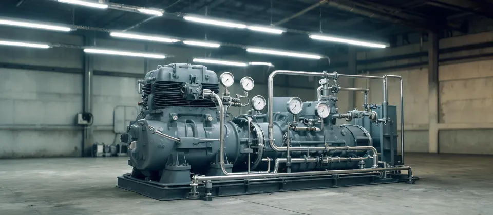 Reciprocating refrigeration compressor on a factory test stand with pressure gauges and oil piping