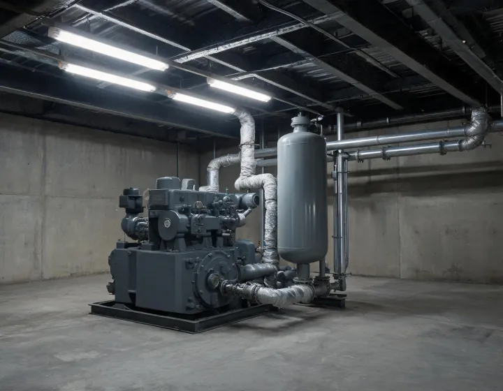 Semi-hermetic refrigeration compressor on an oil-separator skid inside a process plant engine room